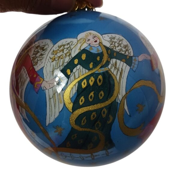 Li BIEN Hand-Painted Glass Ornament Angels Design & Red Velvet Gift Box 4x4 - Picture 9 of 11